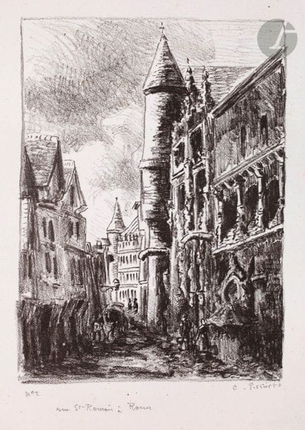 Camille Pissarro (1830-1903) 

Rue Saint-Romain, à Rouen, 2e pl. 1896. Zincographie. 141 x 190. Delteil 177. Très belle épreuve sur vélin blanc, l’une des 2 du 1er état (sur 2), avant effaçage d’une partie du ciel et accentuation de certaines ombres, numérotée, signée et titrée au crayon. Rousseurs claires et léger empoussiérage. Traces de colle au verso, certaines oxydées. Toutes marges. Tirage total à environ 14 épreuves, dont 7 du vivant de l’artiste. Ex-coll. H.-M. Petiet (Lugt 5031).