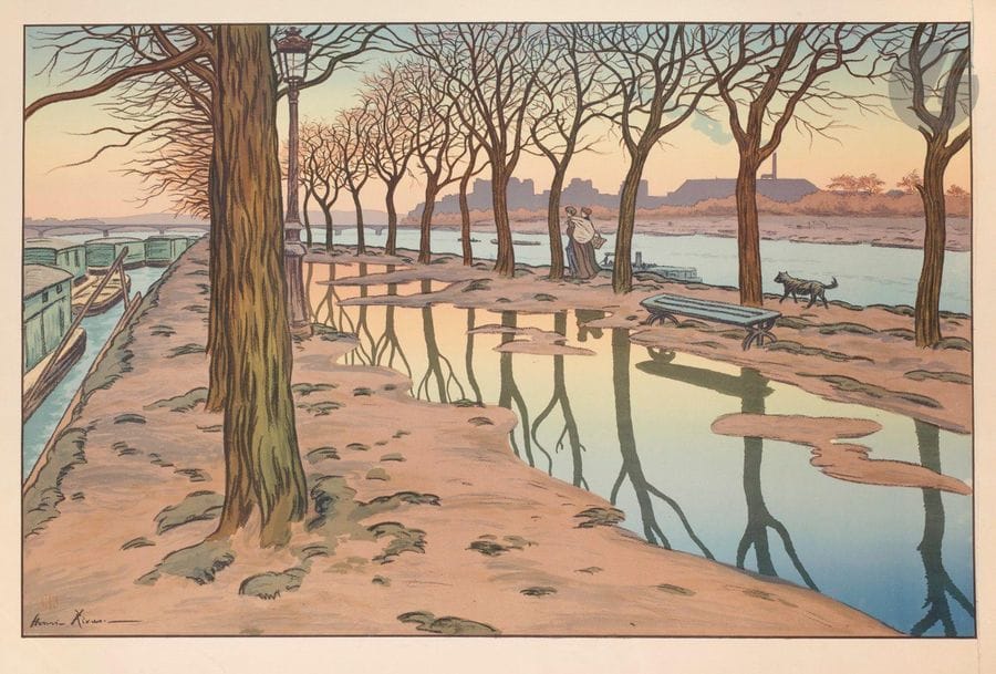 Henri Rivière (1864-1951) 

L’Île des Cygnes. (Pl. 1 des Paysages parisiens). 1900. Lithographie. 820 x 525. Impression en couleurs. Très belle épreuve sur vélin glacé ivoire, avec le titre imprimé le long du bord inférieur droit. Longs et fins plis cassés obliques dans trois angles du feuillet. Une déchirure courbe de 60 mm en pied à gauche, sans atteinte au sujet ; une autre de 35 mm en tête, toutes deux soigneusement restaurées. Petites salissures et infimes accrocs en pied. Toutes marges.
