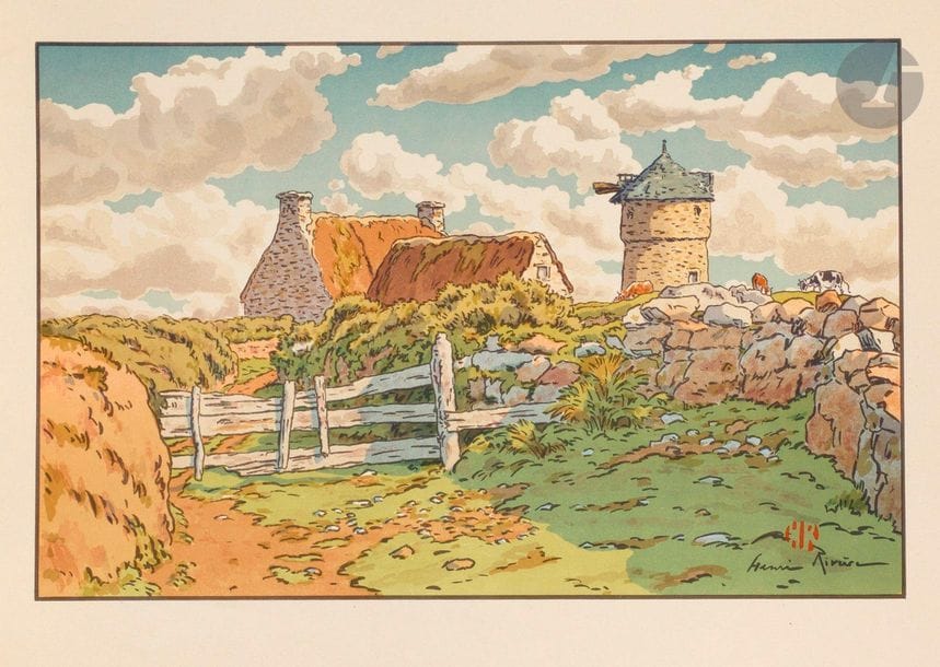 Henri Rivière (1864-1951) 

Le Vieux moulin à Loguivy. (Pl. 13 de Le Beau Pays de Bretagne). 1910. Lithographie. 355 x 230. Très belle épreuve sur vélin glacé ivoire. Légers plis de manipulation, deux courtes déchirures et infimes accrocs aux bords du feuillet. Toutes marges.