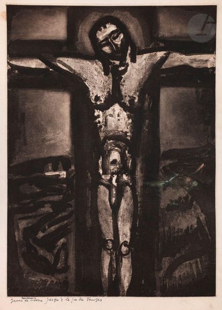 Georges Rouault (1871-1958) 

Sous un Jésus en croix oublié là. (Miserere, pl. XX). 1926. Héliogravure, aquatinte, pointe sèche. 420 x 580. Chapon et Rouault 73. Très belle épreuve sur vergé, exceptionnellement titrée par l’artiste à l’encre bleue : « Jésus toujours en croix jusqu’à la fin des temps ». Traces de gouache dans le sujet à droite. Empoussiérage, taches brunâtres, salissures et bande d’oxydation aux bords du feuillet. Toutes marges.