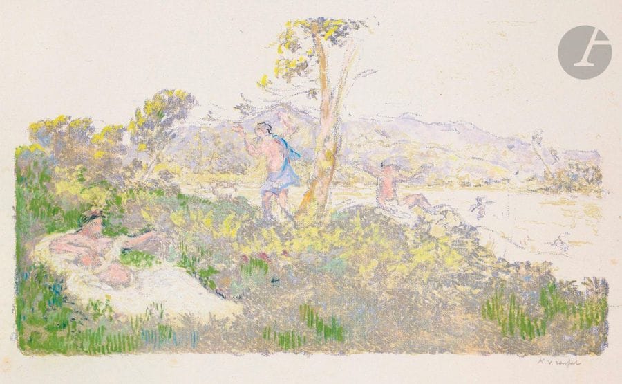 Ker-Xavier Roussel (1867-1944) 

Personnages au bord de la mer. (Pl. de la suite Paysages). 1898. Autographie. 407 x 233. Salomon 14 ; Johnson 134-1. Impression en couleurs. Réunion de 2 très belles épreuves sur chine volant, l’une en variante de couleurs, avec notamment le premier plan en bronze doré au lieu de bleu lavande, signées au crayon. Rousseurs claires éparses et infimes accidents aux bords du feuillet. Joint : même sujet. Très belle épreuve d’essai sur chine volant, largement reprise à la gouache en vue de la recherche des couleurs, signée au crayon. Tirage définitif à 100 épreuves. A. Vollard éd. Ens. 3 p.