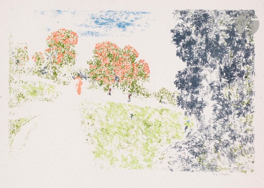 Ker-Xavier Roussel (1867-1944) 

Femme en rouge dans un paysage. (Pl. de la suite Paysages). 1898. Autographie. 350 x 235. Salomon 15 ; Johnson 134-2. Impression en couleurs. Très belle épreuve sur chine volant, signée au crayon. Fines traces de plis le long du bord inférieur (inhérentes à la texture du papier). Toutes marges. Tirage à 100 épreuves. A. Vollard éd.