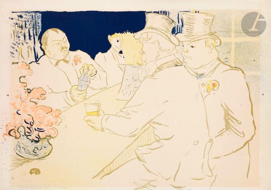 Henri de Toulouse-Lautrec (1864-1901) 

Irish and American Bar, rue Royale. Affiche pour The Chap Book. 1895. Lithographie. Feuillet : 618 x 430. Wittrock P 18. Impression en couleurs. Très belle épreuve, de la plus grande fraîcheur, sur vélin blanc glacé, du 1er état (sur 2), avant la lettre et avant effaçage des croix de pointure, revêtue du timbre rouge de l’artiste (Lugt 1338 – un peu faible et légèrement pâli). Toutes marges. 



Ce bar était fréquenté par les jockeys et entraîneurs de chevaux irlandais et américains ainsi que par les cochers – milieu que l’artiste affectionnait. On y trouvait aussi les artistes de music-hall Footit et Chocolat, que Lautrec représenta à plusieurs reprises.