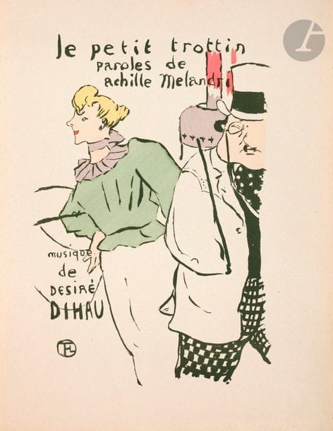 Henri de Toulouse-Lautrec (1864-1901) 

Le Petit trottin. (Titre de mélodie). 1893. Lithographie. 195 x 270. Wittrock 14. Très belle épreuve tirée en vert olive sur vélin, coloriée au pochoir, d’un tirage effectué après 1901. Fin pli cassé le long du bord gauche. Court pli cassé dans l’angle inférieur droit. Toutes marges.