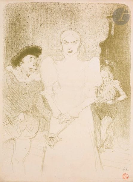 Henri de Toulouse-Lautrec (1864-1901) 

À l’Opéra : Madame Caron dans Faust. 1894. Lithographie. 264 x 362. Wittrock 39. Belle épreuve sur vélin glacé crème, numérotée au crayon et timbrée (Lugt1338). Légères ondulations aux bords du feuillet et deux petits arrachements en pied à droite. Reste d’ancien montage en tête au verso. Tirage à 100 épreuves.