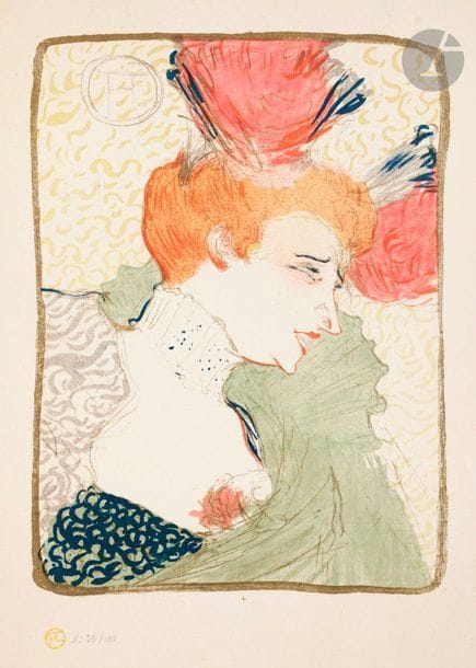 Henri de Toulouse-Lautrec (1864-1901) 

Mademoiselle Marcelle Lender en buste. 1895. Lithographie. 243 x 325. Wittrock 99. Impression en couleurs. Très belle et fraîche épreuve sur vélin ivoire, du tirage effectué pour l’édition française de la revue Pan, sans le texte typographié, revêtue du timbre rouge orangé de l’artiste (légèrement pâli) et numérotée au crayon. Infimes rousseurs claires et très légère oxydation du feuillet. Infimes traces de plis de manipulation. Petits restes d’onglets et légères épidermures aux bords latéraux au verso. Toutes marges [360 x 467].