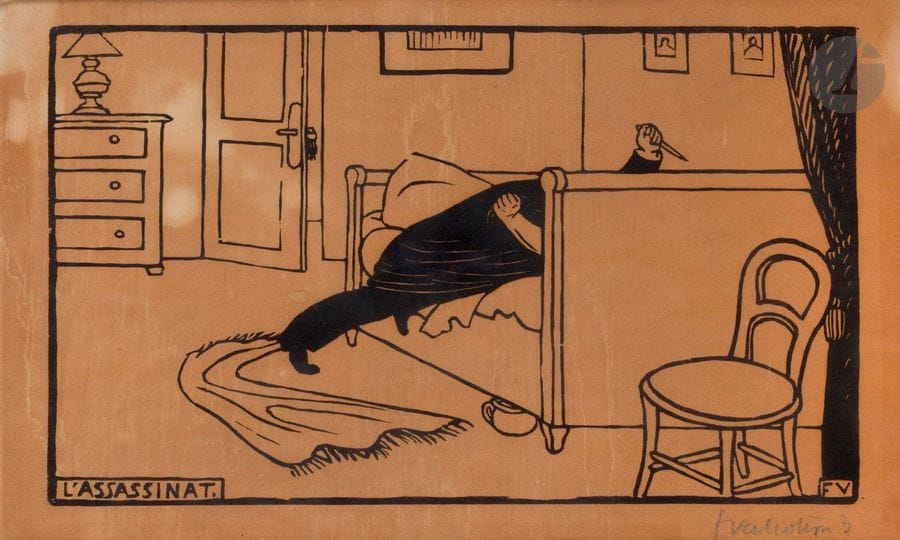 Félix Vallotton (1865-1925) 

L’Assassinat. 1893. Bois gravé. 243 x 146. Vallotton et Goerg 113. Épreuve sur vélin, très fortement insolée, avec larges taches blanches, signée et numérotée au crayon bleu. Le bord gauche du feuillet déchiqueté. Bonnes marges. Cadre.