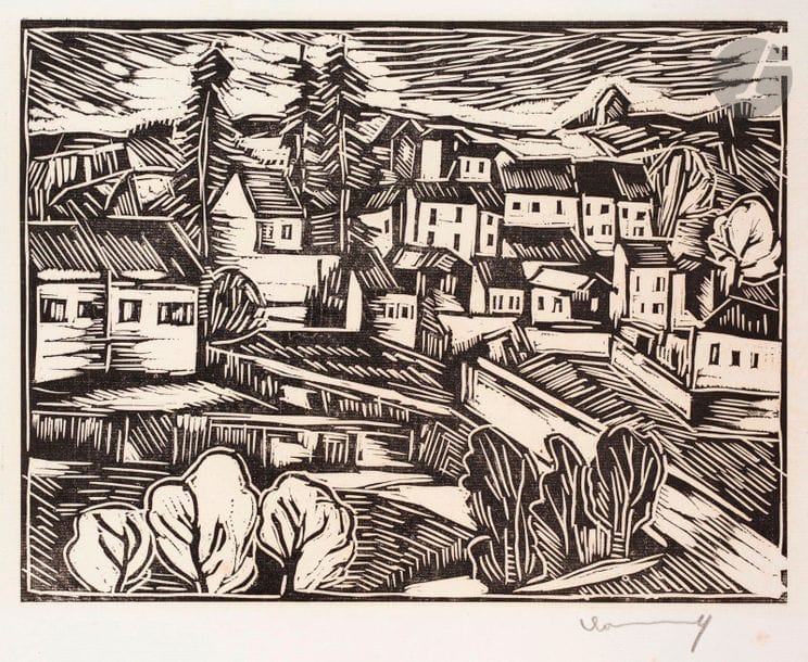 Maurice de Vlaminck (1876-1958) 

Montval. 1913. Bois gravé. 336 x 256. Walterskirchen 8. Belle épreuve sur vergé blanc mince filigrané « Van Gelder Zonen », signée au crayon. Petites salissures et rousseurs claires marginales. Légère trace d’oxydation en fond du sujet. Toutes marges. Tirage annoncé à 60 épreuves. Ex-coll. H.-M. Petiet (Lugt 5031).