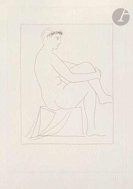 Pablo Picasso (1881-1973) 

Femme nue couronnée de fleurs. (Suite Vollard, pl. 1). 1930. Eau-forte. 224 x 312. Bloch 134 ; Baer 192 B. Belle épreuve sur vergé de Montval filigrané « Vollard », du tirage à 260 épreuves à petites marges, non signée. Timbre de douane dans la marge inférieure. Légère oxydation aux bords du feuillet, essentiellement visible au verso. Deux courtes déchirures en pied, anciennement renforcées par deux morceaux de kraft gommé au verso.