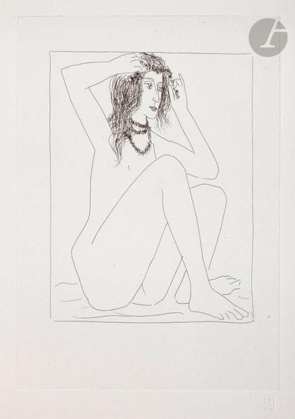 Pablo Picasso (1881-1973) 

Femme nue se couronnant de fleurs. (Suite Vollard, pl. 2). 1930. Eau-forte. 220 x 310. Bloch 135 ; Baer 195 B. Parfaite épreuve sur vergé de Montval filigrané « Picasso », du tirage à 260 épreuves à petites marges, non signée.