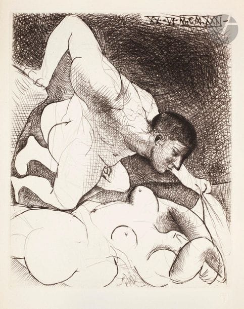 Pablo Picasso (1881-1973) 

Homme dévoilant une femme. (Suite Vollard, pl. 5). 1931. Pointe sèche. 295 x 367. Bloch 138 ; Baer 203 II B. Parfaite épreuve sur vergé de Montval filigrané « Vollard », du tirage à 260 épreuves à petites marges, non signée.