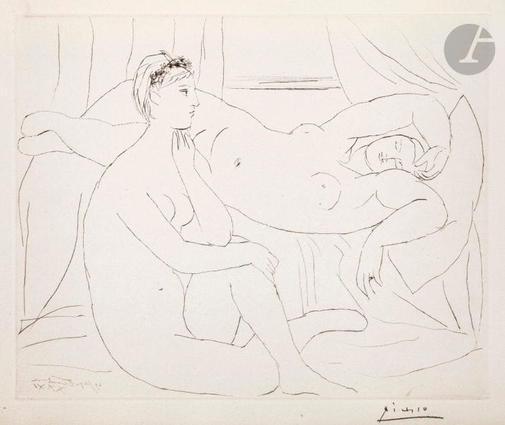 Pablo Picasso (1881-1973) 

Deux femmes se reposant. (Suite Vollard, pl. 10). 1931. Pointe sèche. 368 x 298. Bloch 143 ; Baer 210 B d. Parfaite épreuve sur vergé de Montval filigrané « Picasso », du tirage à 260 épreuves à petites marges, signée au crayon. Deux petits points d’encre noire dans l’angle inférieur gauche.