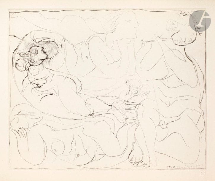 Pablo Picasso (1881-1973) 

Flûtiste et trois femmes nues. (Suite Vollard, pl. 11). 1932. Pointe sèche. 365 x 296. Bloch 144 ; Baer 258 B. Parfaite épreuve sur vergé de Montval filigrané « Vollard », du tirage à 260 épreuves à petites marges, non signée. Infime point (petit corps étranger) dans la marge supérieure.