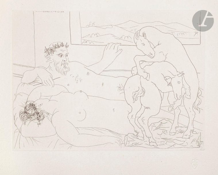 Pablo Picasso (1881-1973) 

Le Repos du sculpteur. (Suite Vollard, pl. 64). 1933. Eau-forte. 265 x 192. Bloch 173 ; Baer 326 B. Parfaite épreuve sur vergé de Montval filigrané « Picasso », du tirage à 260 épreuves à petites marges, non signée.