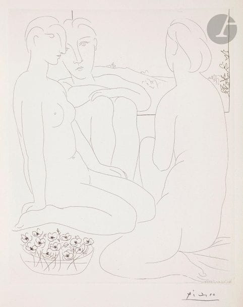 Pablo Picasso (1881-1973) 

Trois femmes nues et une coupe d’anémones. (Suite Vollard, pl. 67). 1933. Eau-forte. 298 x 367. Bloch 176 ; Baer 329 B d. Parfaite épreuve sur vergé de Montval filigrané « Vollard », du tirage à 260 épreuves à petites marges, signée au crayon.