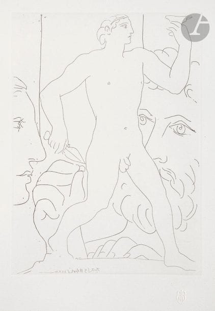 Pablo Picasso (1881-1973) 

Sculpture d’un jeune homme à la coupe. (Suite Vollard, pl. 70). 1933. Eau-forte. 194 x 268. Bloch 179 ; Baer 332. Parfaite épreuve sur vergé de Montval filigrané « Vollard », du tirage à 260 épreuves à petites marges, non signée.