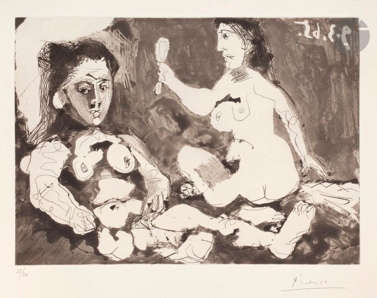 Pablo Picasso (1881-1973) 

Femmes à leur toilette II. 9 mars 1965. Aquatinte, pointe sèche, grattoir et burin. 372 x 270. Bloch 1208 ; Baer 1190 II B b 1. Très belle et fraîche épreuve sur vélin crème texturé, numérotée et signée au crayon. Infime trace d’oxydation aux bords du feuillet. Toutes marges. Tirage à 50 épreuves. Éd. de la galerie Louise Leiris (1966).