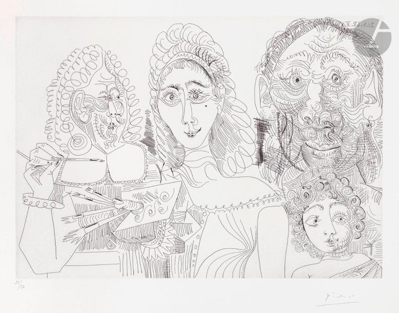 Pablo Picasso (1881-1973) 

Peintre avec couple et enfant. (Les 347, pl. 46). 21 avril 1968. Eau-forte. 390 x 278. Bloch 1526 ; Baer 1542 B b 1. Parfaite épreuve sur vélin blanc, numérotée et signée au crayon. Toutes marges. Tirage à 50 épreuves. Éd. de la galerie Louise Leiris (1969).