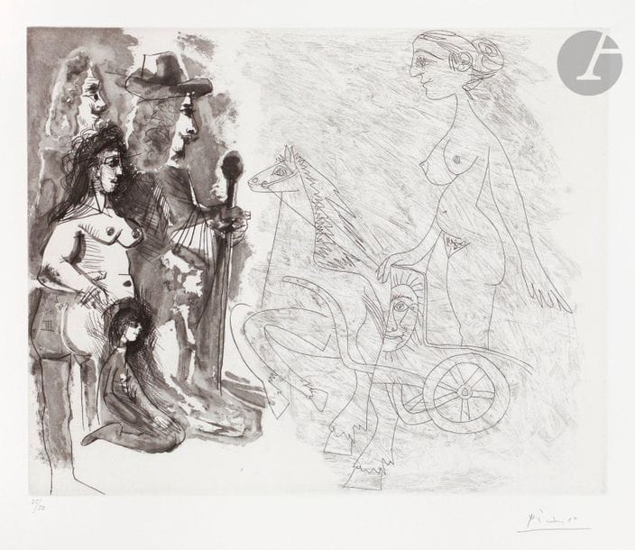 Pablo Picasso (1881-1973) 

Femme sur un char romain, spectateurs rembranesques et gamins. (Les 347, pl. 51). 24 avril 1968. Aquatinte au sucre, eau-forte et pointe sèche. 392 x 315. Bloch 1531 ; Baer 1547 B b 1. Parfaite épreuve sur vélin blanc, numérotée et signée au crayon. Toutes marges. Tirage à 50 épreuves. Éd. de la galerie Louise Leiris (1969).