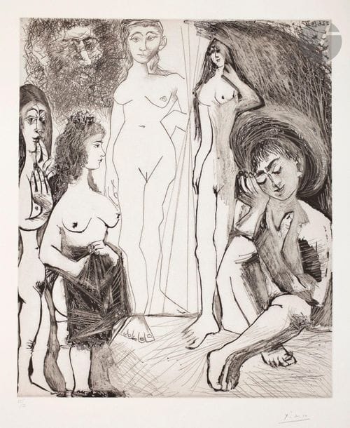 Pablo Picasso (1881-1973) 

Jeune garçon rêvant : les femmes ! (Les 347, pl. 180). 22 juin1968. Aquatinte au sucre, grattoir, pointe sèche et burin. 414 x 496. Bloch 1660 ; Baer 1676 III B b 1. Très belle et fraîche épreuve sur vélin, numérotée et signée au crayon. Infime empoussiérage en tête et en pied. Minuscule enfoncement au bord droit. Toutes marges. Tirage à 50 épreuves. Éd. de la galerie Leiris. Ex-coll. H.-M. Petiet (Lugt 5031).