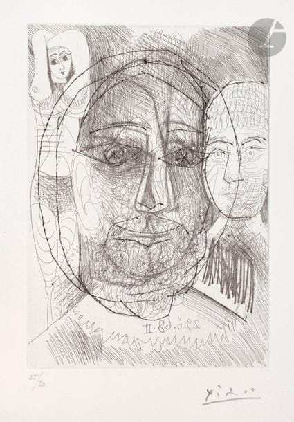 Pablo Picasso (1881-1973) 

Homme, femme et enfant. Étude pour le portrait d’El Greco. (Les 347, pl. 195). 29 juin 1968. Eau-forte et pointe de grattoir. 147 x 207. Bloch 1675 ; Baer 1691 B b 1. Parfaite épreuve sur vélin blanc, numérotée et signée au crayon. Toutes marges. Tirage à 50 épreuves. Éd. de la galerie Louise Leiris (1969).