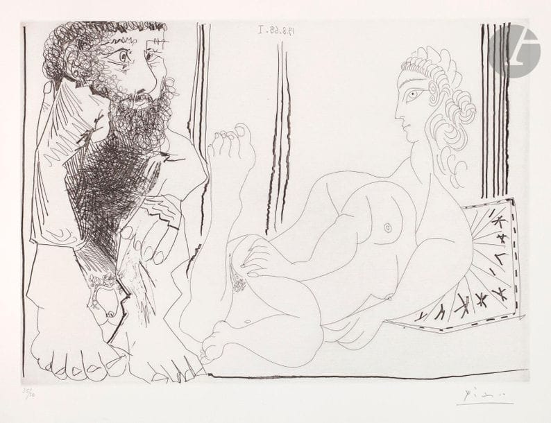Pablo Picasso (1881-1973) 

Femme aguichant un homme songeur. (Les 347, pl. 288). 19 août 1968. Eau-forte. 388 x 278. Bloch 1768 ; Baer 1785 B b 1. Parfaite épreuve sur vélin blanc, numérotée et signée au crayon. Toutes marges. Tirage à 50 épreuves. Éd. de la galerie Louise Leiris (1969).