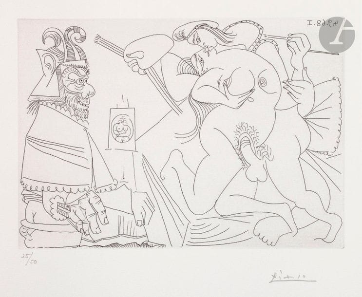 Pablo Picasso (1881-1973) 

Raphaël et la Fornarina XV : le pape est de retour, sur son pot. (Les 347, pl. 310). 4 septembre 1968. Eau-forte. 208 x 145. Bloch 1790 ; Baer 1807 B b 1. Parfaite épreuve sur vélin blanc, numérotée et signée au crayon. Toutes marges. Tirage à 50 épreuves. Éd. de la galerie Louise Leiris (1969).