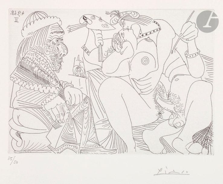 Pablo Picasso (1881-1973) 

Raphaël et la Fornarina XVI : le pape est toujours sur son pot, songeur. (Les 347, pl. 311). 4 septembre 1968. Eau-forte. 208 x 145. Bloch 1791 ; Baer 1808 B b 1. Parfaite épreuve sur vélin blanc, numérotée et signée au crayon. Toutes marges. Tirage à 50 épreuves. Éd. de la galerie Louise Leiris (1969).