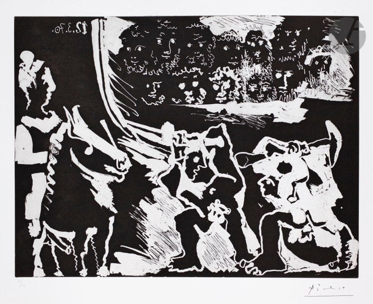 Pablo Picasso (1881-1973) 

Au cirque : pugilistes et écuyère. (Les 156, pl. 20). 1970. Aquatinte. 418 x 316. Bloch 1875 ; Baer 1880 B a. Très belle et fraîche épreuve sur vélin blanc, numérotée au crayon et timbrée (Lugt 2026e). Infime pli cassé au centre en pied. Toutes marges. Tirage à 50 épreuves. Éd. de la galerie Louise Leiris (1878). Ex-coll. H.-M. Petiet (Lugt 5031).