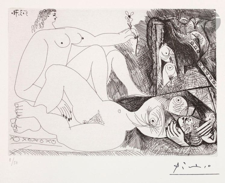 Pablo Picasso (1881-1973) 

Femmes entre elles, dont une avec une fleur, et tableau drapé. (Les 156, pl. 67). 5 mars 1971. Eau-forte. 205 x 150. Bloch 1922 ; Baer 1930 B a. Parfaite épreuve sur vélin blanc, numérotée au crayon et timbrée (Lugt 2026e). Toutes marges. Tirage à 50 épreuves. Éd. de la galerie Louise Leiris (1978).