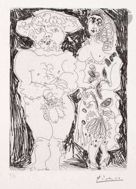 Pablo Picasso (1881-1973) 

Paysan et maja. (Les 156, pl. 74). 11 mars 1971. Eau-forte. 150 x 205. Bloch 1929 ; Baer 1938 B a. Parfaite épreuve sur vélin blanc, numérotée au crayon et timbrée (Lugt 2026e). Toutes marges. Tirage à 50 épreuves. Éd. de la galerie Louise Leiris (1978).