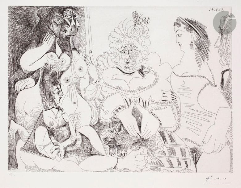 Pablo Picasso (1881-1973) 

La Fête de la patronne, avec un petit chien, Degas au double regard. (Les 156, pl. 116). 30 avril 1971. Eau-forte. 492 x 365. Bloch 1971 ; Baer 1980 B a. Parfaite épreuve sur vélin blanc, numérotée au crayon et timbrée (Lugt 2026e). Toutes marges. Tirage à 50 épreuves. Éd. de la galerie Louise Leiris (1978).