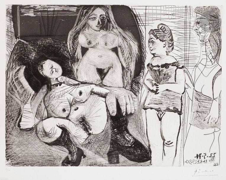 Pablo Picasso (1881-1973) 

Filles entre elles. La sous-maîtresse. (Les 156, pl. 134). 22 mai 1971. Aquatinte au sucre, eau-forte, grattoir et pointe sèche. 492 x 365. Bloch 1989 ; Baer 1999 V B a. Parfaite épreuve sur vélin blanc, numérotée au crayon et timbrée (Lugt 2026e). Toutes marges. Tirage à 50 épreuves. Éd. de la galerie Louise Leiris (1978).