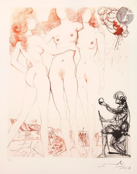 Salvador Dalí (1904-1989) 

Le Jugement de Pâris. (Mythologie, pl. 8). 1963-1965. Héliogravure et pointe sèche. 401 x 505. Michler et Löpsinger 123. Impression en noir et sanguine. Très belle épreuve sur vélin filigrané « Arches », numérotée, signée et datée « 1963 » au crayon. Traces claires d’oxydation aux bords du feuillet. Toutes marges. Tirage à 150 épreuves sur ce papier. Argillet éd.