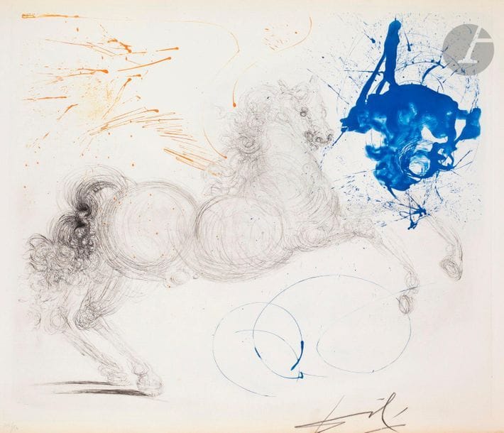 Salvador Dalí (1904-1989) 

Pégase. (Mythologie, pl. 13). 1963-1965. Héliogravure et pointe sèche. 627 x 535. Michler et Löpsinger 128. Impression en couleurs. Très belle épreuve sur vélin crème filigrané « Arches », numérotée et signée au crayon. Trace claire d’oxydation aux bords du feuillet. Toutes marges. Tirage à 150 épreuves. Argillet éd.