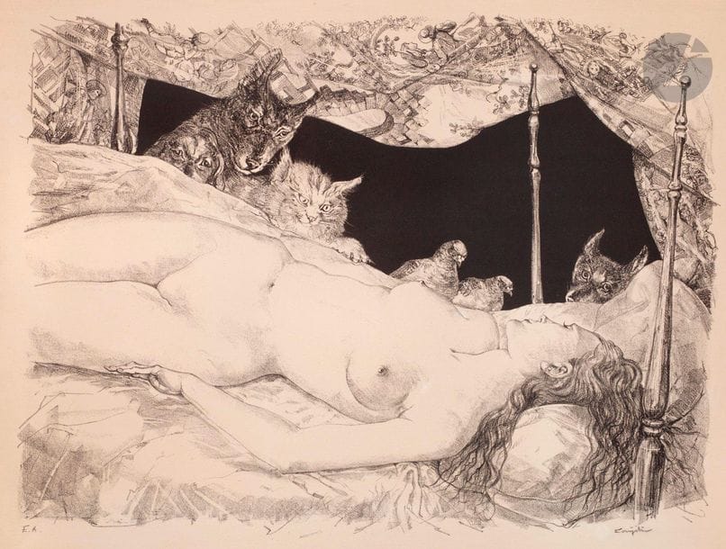 Léonard-Tsuguharu Foujita (1886-1868) 

Le Rêve. 1947. Lithographie. 660 x 500. Buisson 47.19. Belle épreuve sur vélin filigrané « Arches », justifiée « E.A. » et signée au crayon. Oxydation générale du feuillet. Quelques traces d’adhésif et petites épidermures au verso. Toutes marges.