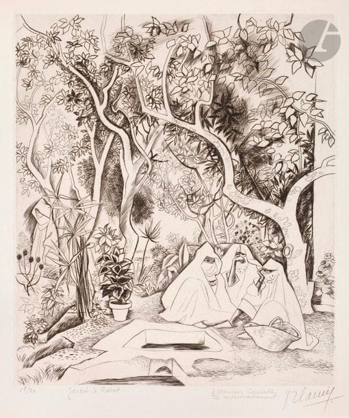 Demetrios Galanis (1879-1966) 

Jardin à Rabat. Vers 1950. Burin. 255 x 298. Réunion de 2 très belles épreuves sur vélin, numérotées, titrées et signées au crayon, la 1re dédicacée « à Monsieur Laprade / très respectueusement ». Léger empoussiérage aux bords du feuillet et petites taches (chiures de mouche) dans l’angle inférieur droit à la 1re. Toutes marges. Tirage à 50 épreuves. Joint : 2 illustrations gravées. Ens. 4 p.