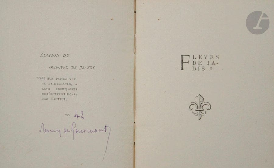 GOURMONT (Remy de).
Fleurs de Jadis.
[Paris : Mercure de France, 1893]. — In-24, toile verte à la bradel, dos lisse, non rogné, couverture conservée (reliure de l'époque).
Édition originale très rare, tirée à seulement 47 exemplaires sur papier vergé de Hollande, numérotés et signés par l'auteur.
Bon exemplaire.
Premier et dernier feuillets brunis.

On joint :
- GOURMONT (Remy de). Le Latin mystique. Les Poètes de l'antiphonaire et la symbolique au Moyen Age. Préface de J. K. Huysmans. Miniature de Filiger. Paris : Mercure de France, Léon Vanier, 1892. — In-8, broché.

Édition originale tirée à 220 exemplaires numérotés et signés par l'auteur.
Un des 190 sur vélin teinté.
Manques aux coiffes. Feuillets brunis et cassants. Les 7 premiers cahiers sont débrochés.