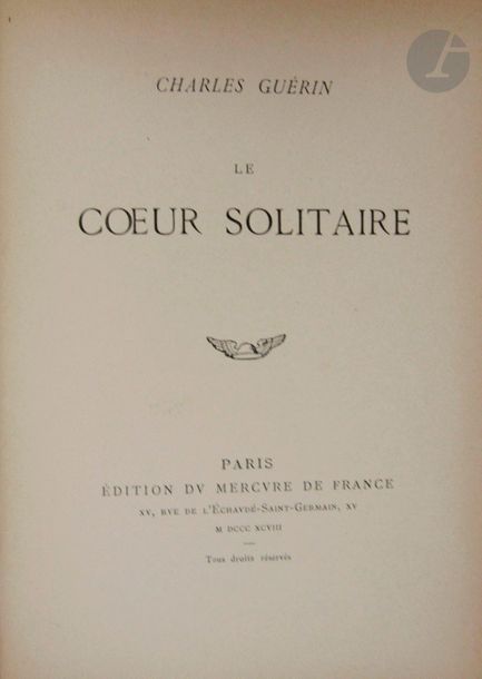 GUÉRIN (Charles).
Le Cœur solitaire.
Paris : Mercure de France, 1898. — In-8, cartonnage papier marbré à la bradel, dos lisse, non rogné, couverture conservée (reliure de l'époque).
Édition originale de ce recueil de poèmes, tirée à 413 exemplaires numérotés.
Un des 390 exemplaires sur vélin teinté, celui-ci enrichi d'un envoi autographe de l'auteur à l'écrivain Octave Mirbeau sur le faux titre :

à M. Octave Mirbeau // en hommage // Charles Guérin

Bon exemplaire malgré quelques frottements d'usage aux coiffes, aux charnières et aux coins.