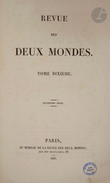 SAND (George).
Mauprat.
Paris : Revue des deux mondes, 1837. — In-8, cartonnage papier bleu foncé à la bradel (reliure de l'époque).
Tome dixième de la Revue des deux mondes, proposant les 4 parties du célèbre roman Mauprat de George Sand en édition pré-originale. Elles parurent respectivement le 1er avril, le 15 avril, le 1er mai et le 1er juin 1837.
Le texte est ici bien complet mais les pages 593 à 624, comprenant une partie du texte du roman, ont été reliées entre les pages 424 et 425.

On trouve également dans ce volume l'édition pré-originale d'Un caprice d'Alfred de Musset (pages 697 à 730), et de La Vénus d'Ille de Mérimée (pages 425 à 452).

Défauts d'usage à la reliure. Sans la table des matières à la fin. Déchirure sans manque pages 31-32.