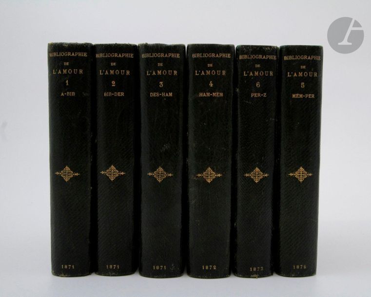 GAY.
Bibliographie des ouvrages relatifs à l'Amour, aux Femmes, au Mariage et des livres facétieux pantagruéliques, scatologiques, satyriques, etc. contenant les Titres détaillés de ces ouvrages les noms des Auteurs, un Aperçu de leur sujet leur valeur et leur prix dans les vetes, etc. 3me édition entièrement refondue et considérablement augmentée. Ordre alphabétique par noms et titres d'Ouvrages.
Turin, Nice, San Remo : J. Gay et fils ; Londres : Bernard Quaritch, 1871-1873. — 6 volumes in-12, demi-cuir de Russie vert à la bradel, dos lisse orné, non rogné, couverture imprimée (reliure de l'époque).
Bel exemplaire de la 3e édition de cette bibliographie de référence.
Quelques frottements d'usage.

Joint :
- GAY. Bibliographie des ouvrages relatifs à l'amour, aux femmes, au mariage, indiquant les auteurs de ces ouvrages, leurs éditions, leur valeur et les prohibitions ou condamnations dont certains d'entre eux ont été l'objet. Paris : Jules Gay, 1861. — In-8, toile beige à la bradel, non rogné (reliure de l'époque). Rousseurs.

- GAY. Bibliographie des ouvrages relatifs à l'amour, aux femmes, au mariage. Contenant les titres détaillés de ces ouvrages, les noms des auteurs, un aperçu de leur sujet, leur valeur et leur prix dans les ventes, l'indication de ceux qui ont été poursuivis ou qui ont subi des condamnations, etc. Seconde édition, revue, corrigée et considérablement augmentée, notamment d'un Index alphabétique. Paris : J. Gay ; Bruxelles : A. Mertens et fils, 1864. — In-8, demi-chagrin rouge de l'époque, tête dorée. Frottements d'usage au dos.

- [GAY]. Bibliographie des ouvrages relatifs à l'amour, aux femmes, au mariage et des livres facétieux pantagruéliques, scatologiques, satyriques, etc. Lille : Stéphane Becour, 1898. — Ensemble rare de deux copies dactylographiées des ouvrages en langue allemande et en langue flamande cités dans la bibliographie de Gay.