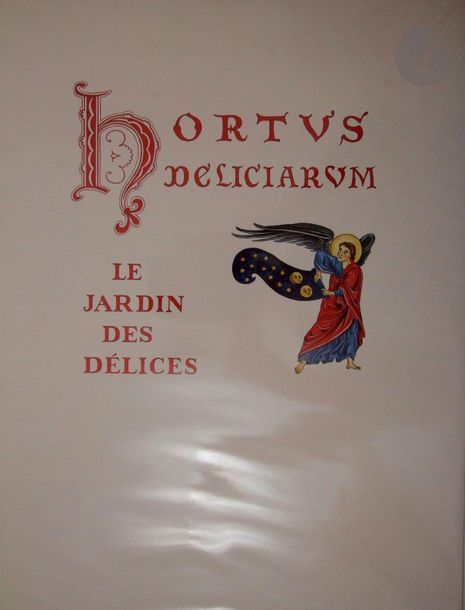 HERRADE DE LANDSBERG.
Hortus deliciarum. Le Jardin des délices.
Mont Sainte-Odile : éditions du Mont Sainte-Odile, 1981-1984. — 2 volumes grand in-folio, en feuilles, sous chemise cartonnée illustrée et à rabats de l'éditeur.
Reproduction de 74 planches de l'Hortus Deliciarum, célèbre manuscrit du XIIe siècle de Herrade de Landsberg détruit en 1870. Elle fut mise en couleurs par Mme Claude Tisserant-Maurer.
Exemplaire bien complet des cahiers imprimés proposant deux introductions et l'explication des planches par le chanoine Auguste Christen.