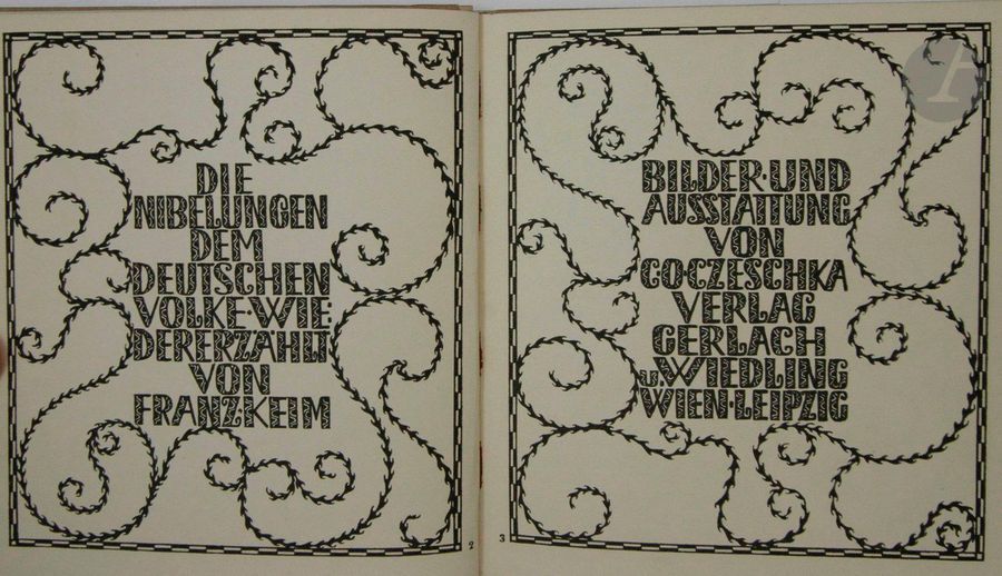 KEIM (Franz) - CZESCHKA (Carl Otto).
Die Nibelungen. 
Vienne, Leipzig : Gerlach, Wiedling, [1909]. — In-12 carré, cartonnage de l'éditeur.
Édition originale de ce superbe livre d'enfant Art nouveau, formant le 22e volume de la collection Gerlach Jugendbücherei publiée en 34 volumes de 1902 à 1920. 
Chaque volume était illustré par un artiste différent et celui-ci est sans conteste l'un des plus beaux sinon le plus beau de la série. Il comprend plusieurs vignettes en noir et 8 compositions en couleurs sur double page de l'artiste autrichien Carl Otto Czeschka (1878-1960), ami de Gustav Klimt. 
Exemplaire très bien conservé malgré le dos légèrement sali. Les agrafes sont comme toujours oxydées.