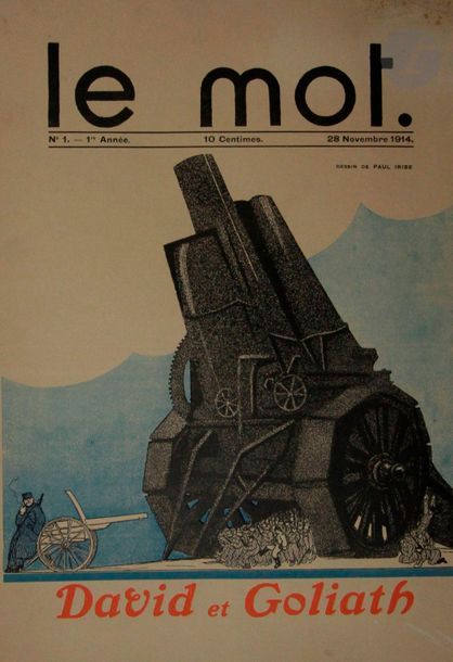[REVUE] - IRIBE (Jean) - COCTEAU (Jean).
Le Mot
Paris, 28 novembre 1914-1er juillet 1915. — 20 fascicules in-folio, en feuilles ou agrafés.
Collection complète de cette belle revue satirique et patriotique, antiallemande, dirigée par Paul IRIBE en collaboration avec Jean COCTEAU.

Elle comporte 20 numéros parus au début de la grande guerre, du 28 novembre 1914 au 1er juillet 1915. Chaque numéro, comprenant de 2 à 6 feuillets, est illustré de compositions en noir et en couleurs de Paul Iribe, Jean Cocteau sous le pseudonyme de Jim, Sem (n° 3), Raoul Dufy (n° 10 et 13), Léon Bakst (n° 18), Albert Gleizes ou André Lhote (n° 20).

Exemplaire enrichi d'un second exemplaire du numéro 3 avec une erreur dans la mise en couleur de la couverture et de la page centrale.

Exemplaires très bien conservés malgré des déchirures sans manque à quelques numéros et quelques salissures. Rares rousseurs.