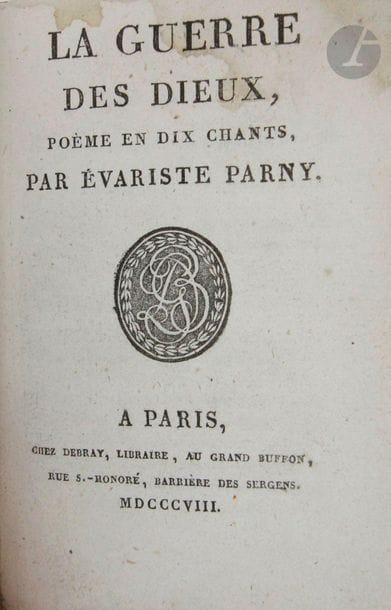 PARNY (Évariste de).
La Guerre des dieux, poème en dix chants.
Paris : Debray, 1808. — In-18, basane havane marbrée, filet à froid en encadrement sur les plats, dos lisse orné, tête mouchetée (reliure du XXe siècle).
Nouvelle édition de ce poème en 10 chants du poète créole Évariste de Parny (1753-1814), paru pour la première fois en 1799. Elle forme le complément aux quatre volumes des œuvres de l'auteur publiés cette même année par Debray.
Il s'agit d'une satire du monde clérical ainsi que d'une violente critique de quelques dogmes, notamment les doctrines de la Trinité et de la virginité de Marie. Relativement épargné jusqu'à l'aube de l'Empire, il subit par la suite de nombreuses condamnations, ce qui ne l'empêcha cependant pas de connaître de nombreuses rééditions. Chateaubriand avoua que ce texte joua un rôle déterminant dans la genèse du Génie du christianisme.
Exemplaire enrichi d'un frontispice et de 18 gravures libres non signées.

Mouillure importante à l'angle supérieur de feuillets, 2 vers en partie effacés page 6, restaurations à plusieurs feuillets. Manque le faux-titre.