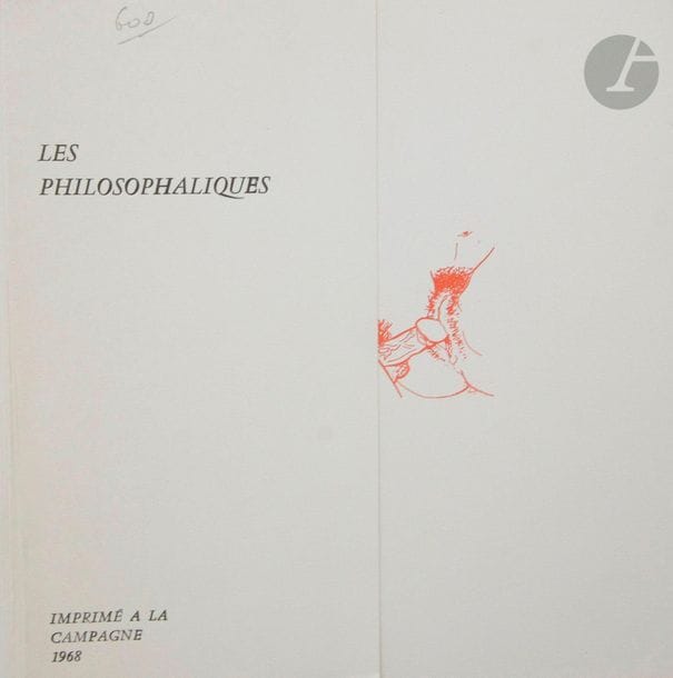 PHILOSOPHALIQUES (Les).
S.l. : imprimé à la campagne, 1968. — In-12 carré, en feuilles, couverture rempliée.
Édition rare, non citée par Dutel, de ce recueil de 23 pensées philosophiques, chacune illustrée d'une composition libre anonyme en rouge.
Tirage annoncé à 600 exemplaires numérotés. Celui-ci ne porte pas de numéro.