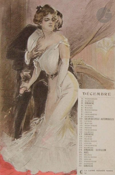 [AVRIL (Paul)].
Croquis parisiens. Les Mois Amoureux. Calendrier Galant, Sportif et Mondain pour l'année 1905.
S.l., vers 1905.
Ensemble des 12 cartes postales pornographiques ornées de compositions en couleurs de Paul Avril, illustrant chaque mois de l'année.
Manque la chemise cartonnée de l'éditeur, seul le titre qui y figurait a été découpé et conservé.

On joint un ensemble rare de 10 cartes du début du XXe siècle, illustrées de compositions en couleurs représentant des scènes zoophiliques.
Coins et versos brunis.