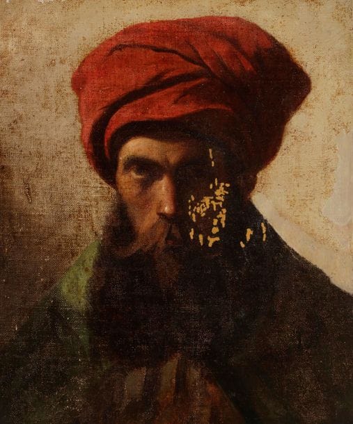 École FRANÇAISE du XIXe siècle
Portrait d’homme au turban
Toile. 
Accidents et manques.
29 x 25 cm