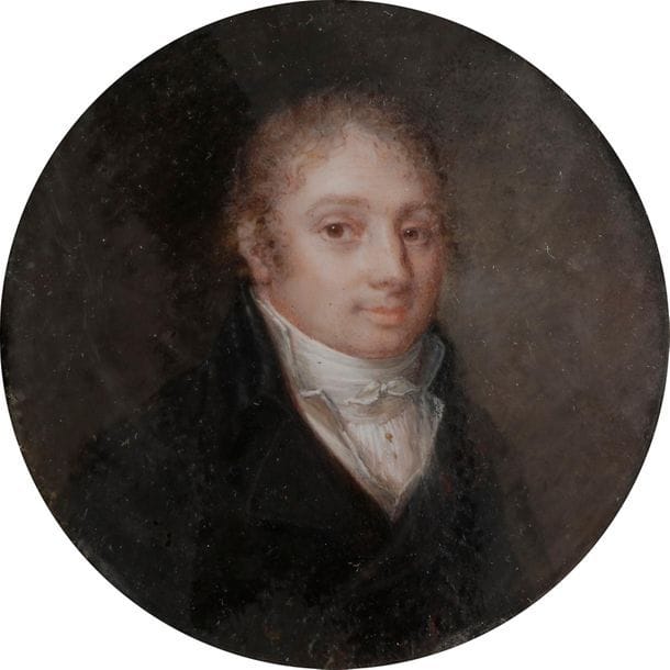 Joseph TASSY (active at the end of the 18th century
)Talented artist, Tassy exhibited at the Salon of 1791; he is represented notably at the Louvre, at the B.n.F, at the Condé Museum in Chantilly (La princesse Adélaïde d'Orléans), in the coll. Tansey
in Germany.
 
Man with curly hair, bust to the right, in brown frock coat

, Directoire
 
periodMiniature


 

on ivory from the end of the 18th century signed on the right: TASSY, diam 7 cm



 




, turned
 

wooden frame



 




.
 


Total weight : 33 g




 






