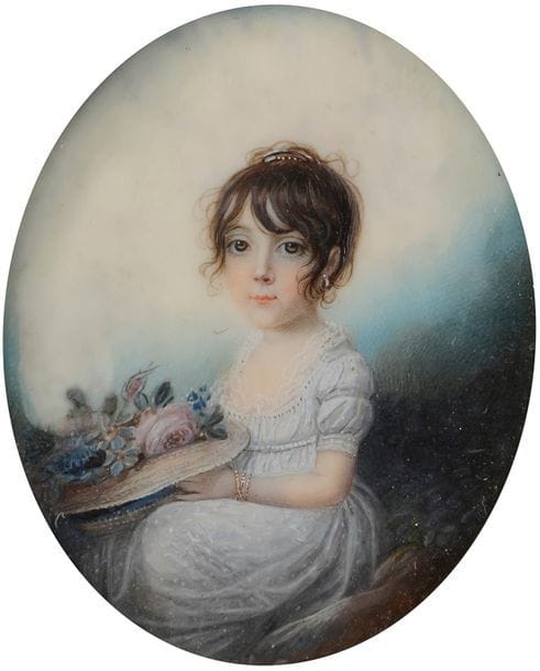 Giambattista GIGOLA 
(Brescia, Italy, 1767 - Tremezzo
, Como, 1841 

)This artist trained in Italy stayed in Paris between 1802 (the year he exhibited at the Salon) and 1804. He was an intimate of Prince Eugène de Beauharnais, who, once viceroy of Italy, named him his "portrait painter in miniature". Gigola is considered one of the best Italian miniaturists. He painted very finely, especially his hair

 and eyes. 


Girl sitting three-quarters of the way to the left holding a hat full of flowers, in


 





 a 



signature



 







 landscapeTrace in the 



upper



 







 right. 




Miniature on ivory oval 6.2 x 5.3 cm in a gilded metal medallion (




 









left hand 




side




 









). 





Total weight: 26.15 g





 











